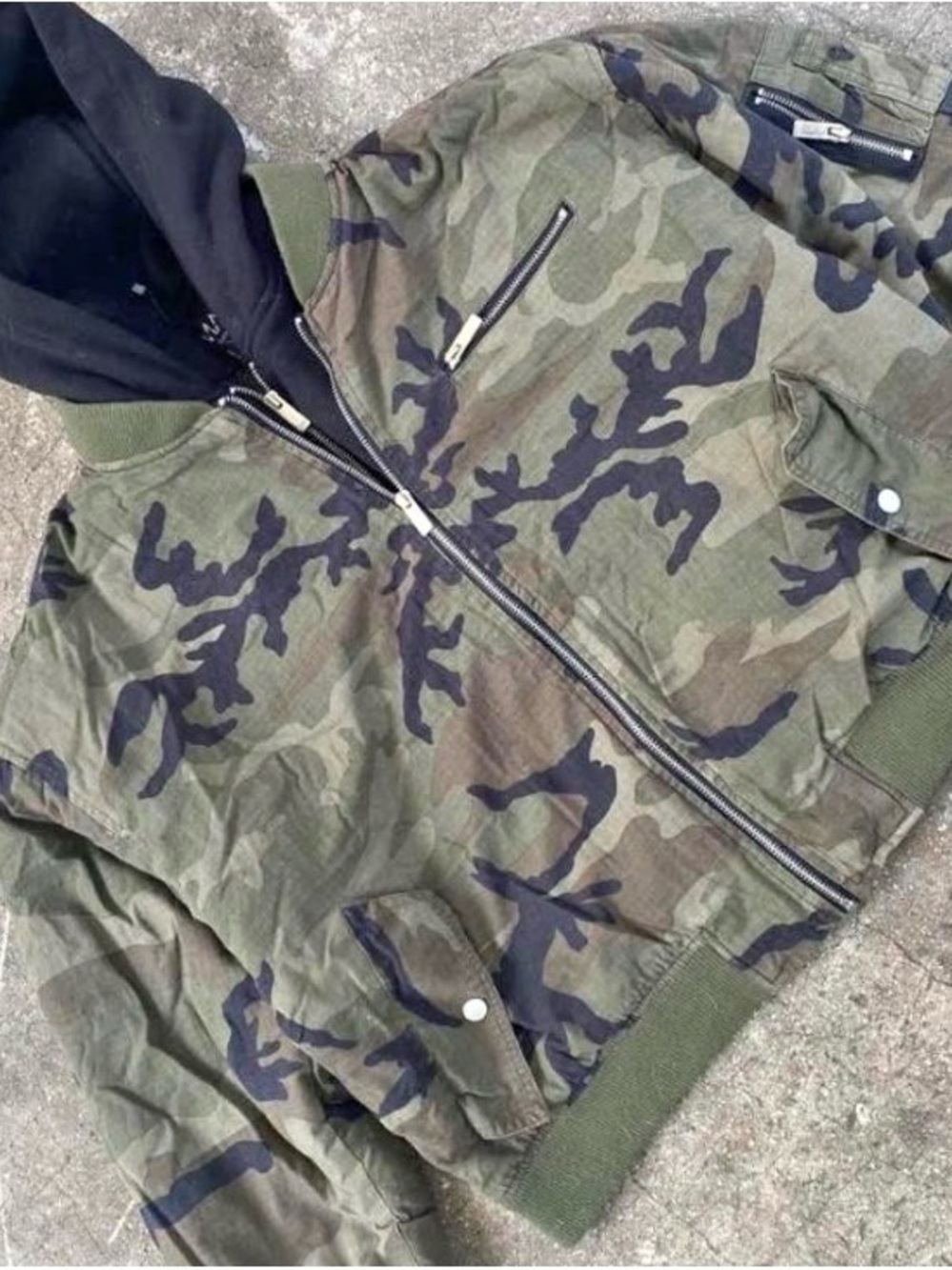 Men's Camo Bomber Jacket with Hood - Olive Green